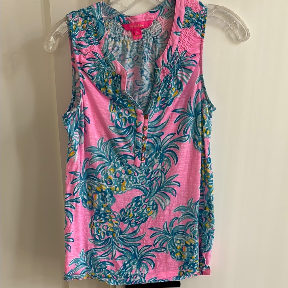 Pink Sleeveless Top with Tropical Print